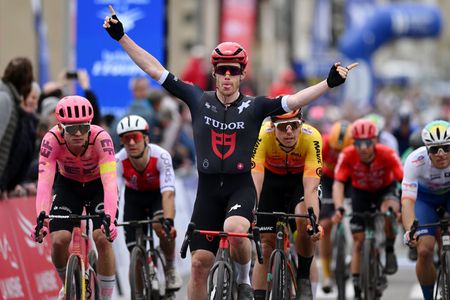 CHATEAUGONTIER FRANCE APRIL 04 Alberto Dainese of Italy and Tudor Pro Cycling Team celebrates at finish line as stage winner ahead of Marijn van den Berg of The Netherlands and Team EF Education EasyPost during the 70th Region Pays de la Loire Tour 2024 Stage 3 a 1598km stage from Segre en Anjou Bleu to ChateauGontier on April 04 2024 in ChateauGontier France Photo by Dario BelingheriGetty Images