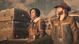 A still from a Starfield trailer where a companion NPC - a cowboy - lovingly confesses his affection to the main protagonist.