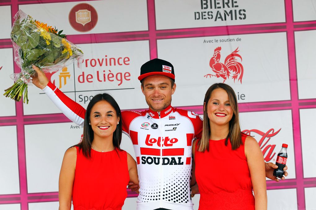 Tosh Van der Sande (Lotto Soudal) on the Tour de Wallonie podium after winning stage 4
