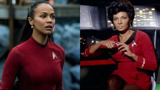 Side-by-side pictures of Zoe Saldana and Nichelle Nichols' versions of Uhura