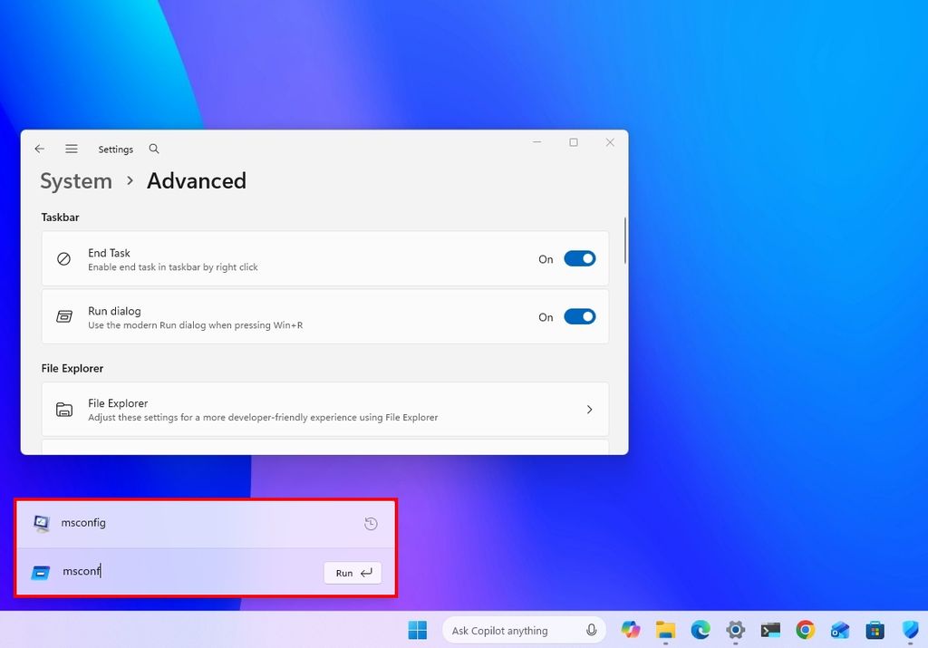 Windows 11 desktop with the new Run dialog and Settings app showing Advanced settings.