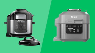 Ninja Foodi and Speedi air fryers on two-tone green background