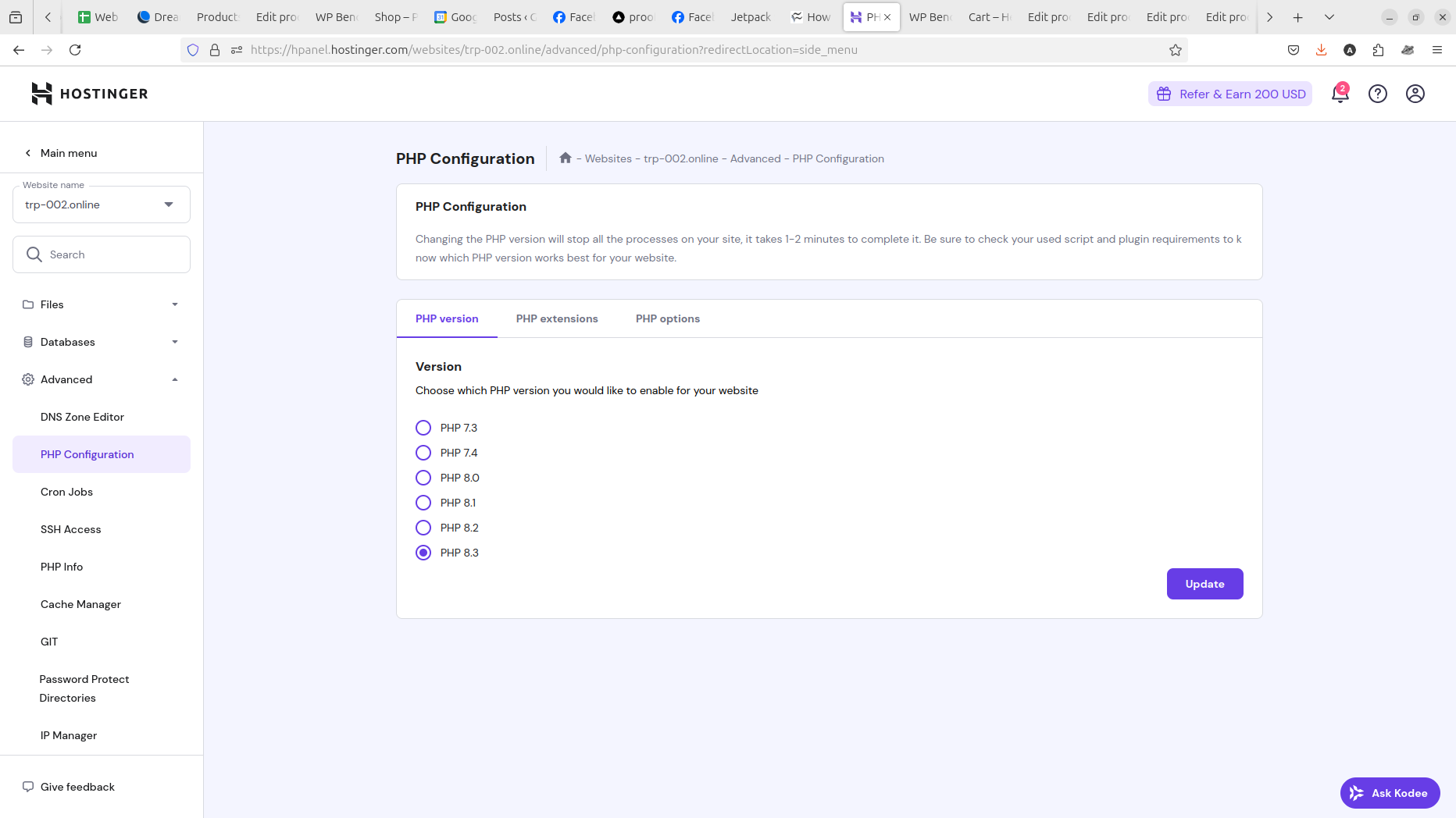 Hostinger hPanel PHP selection