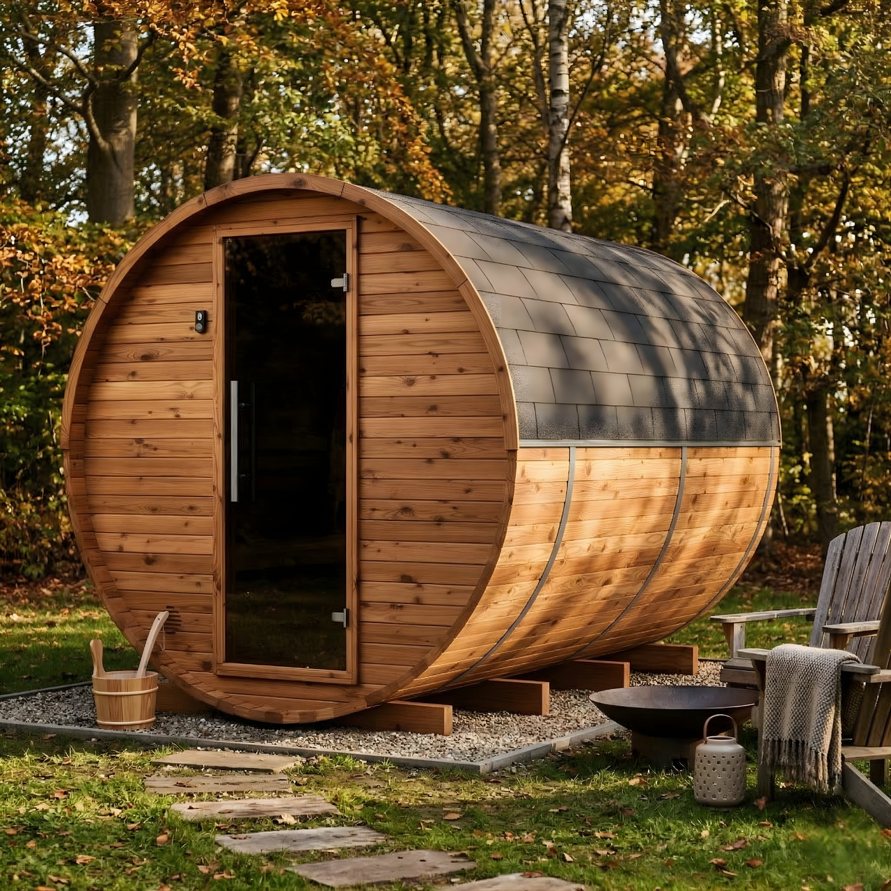 Thermo Wood Barrel Sauna - Regular with Changing Room