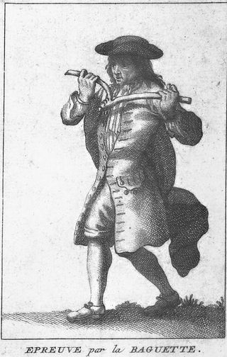 An 18th century depiction of a dowser from the 1733 book Histoire critique des pratiques superstitieuses