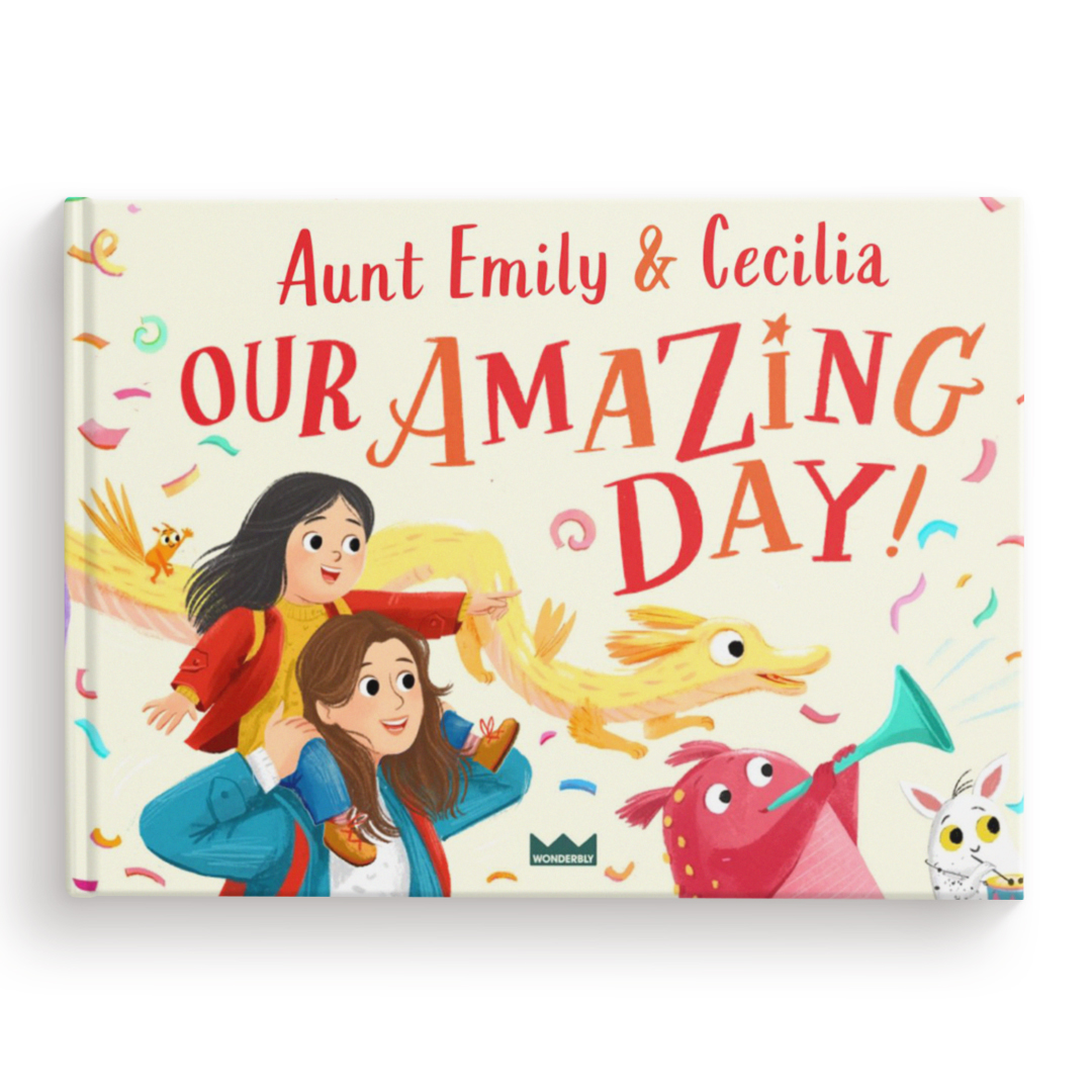 A cutout image of the Auntie Our Amazing Day book from Wonderbly