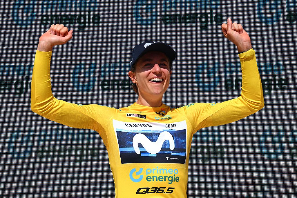 Marlen Reusser of Switzerland and Team Movistar celebrates at podium as Yellow Leader Jersey winner during the 5th Tour de Suisse Women 2025, Stage 1 a 95.5km stage from Gstaad to Gstaad 1047m / #UCIWWT / on June 12, 2025 in Gstaad, Switzerland. (Photo by Tim de Waele/Getty Images)