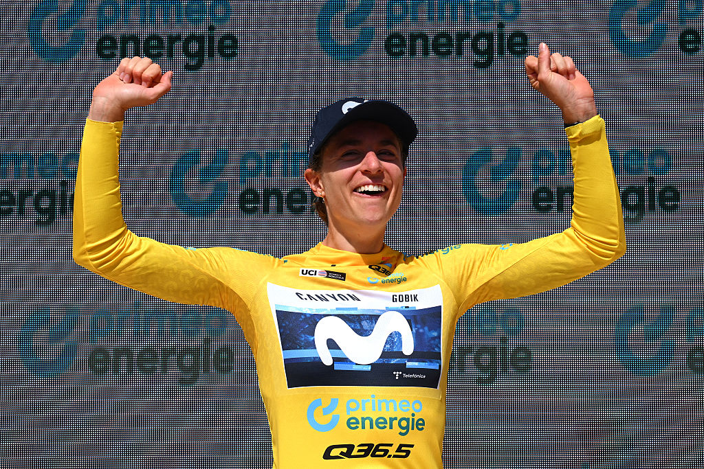 Marlen Reusser of Switzerland and Team Movistar celebrates at podium as Yellow Leader Jersey winner during the 5th Tour de Suisse Women 2025, Stage 1 a 95.5km stage from Gstaad to Gstaad 1047m / #UCIWWT / on June 12, 2025 in Gstaad, Switzerland. (Photo by Tim de Waele/Getty Images)