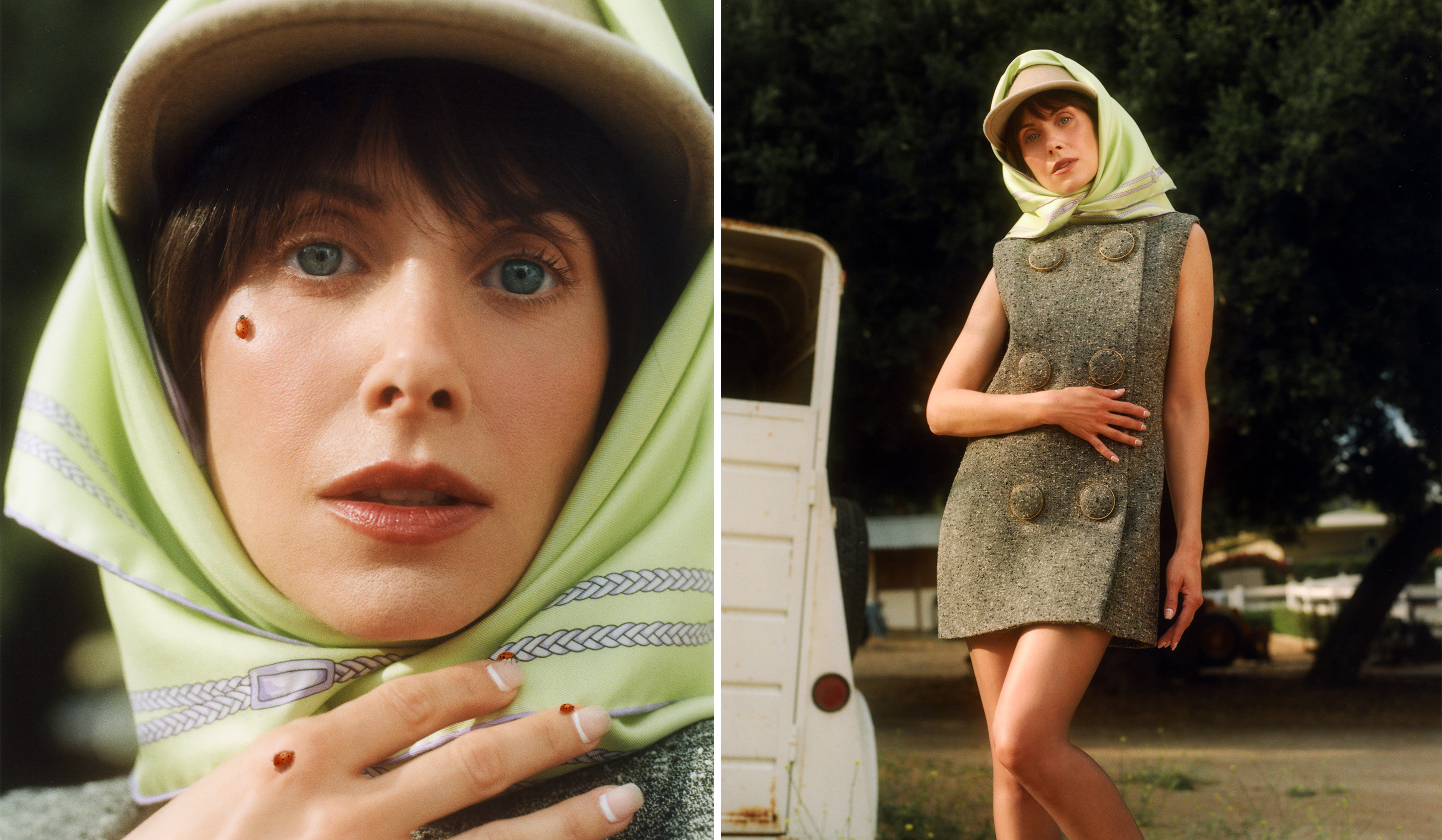 Alison Brie wears a scarf around her head with a Gucci shift dress