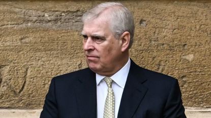 Prince Andrew wearing a suit and tie looking angry standing in front of a concrete wall