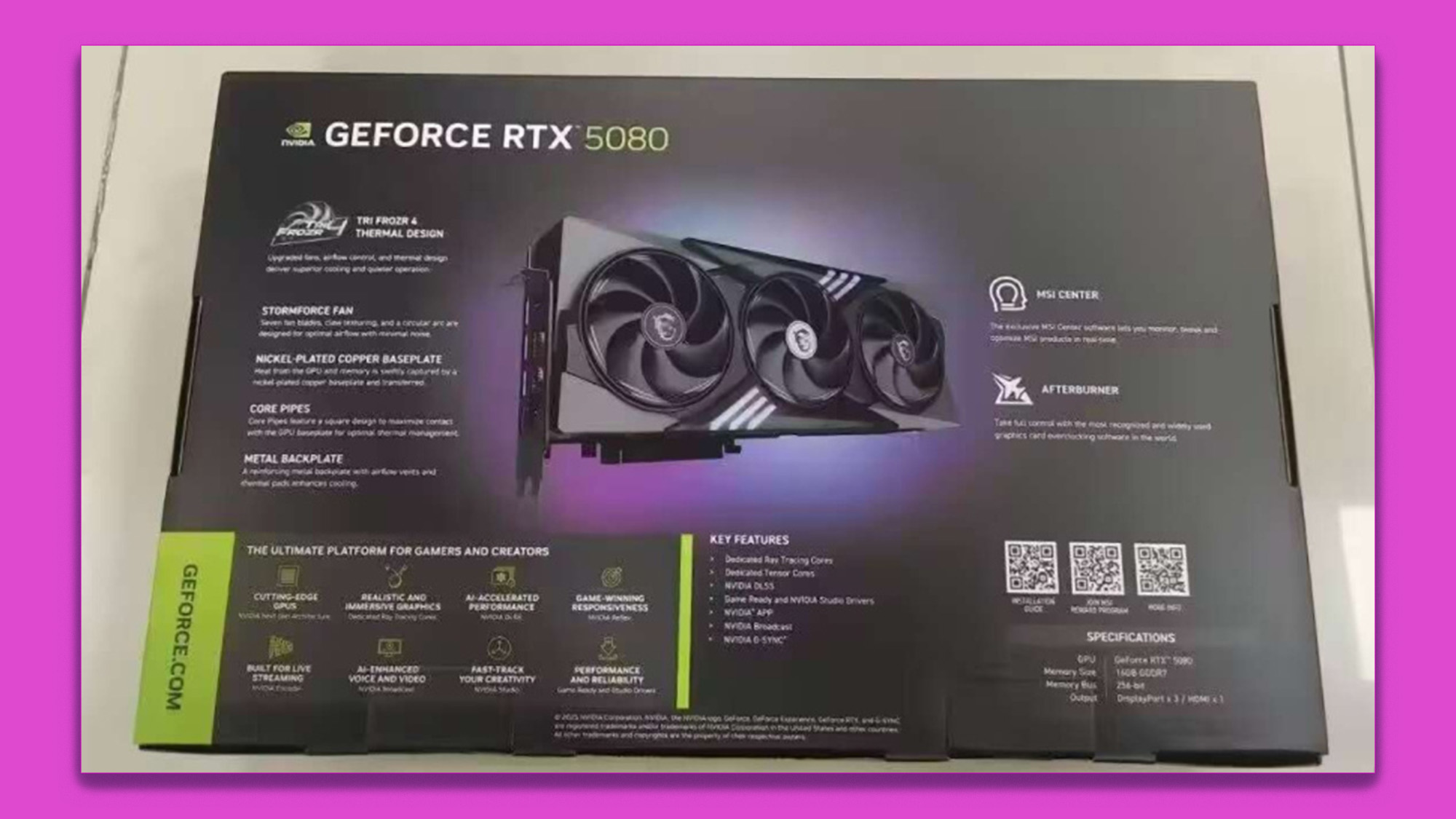 The purported retail packaging for the MSI Gaming Trio RTX 5080 graphics card