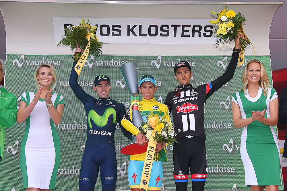 Jon Izaguirre, Miguel Angel Lopez and Warren Barguil on the final Tour de Suisse podium