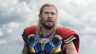 Thor in Eternity looking scared in Love and Thunder. 