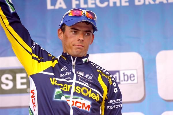 Bjorn Leukemans on the podium, still sporting some Paris-Roubaix road rash