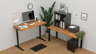 Uplift V2 standing desk in beech, shown in a corner office with a tall leafy plant