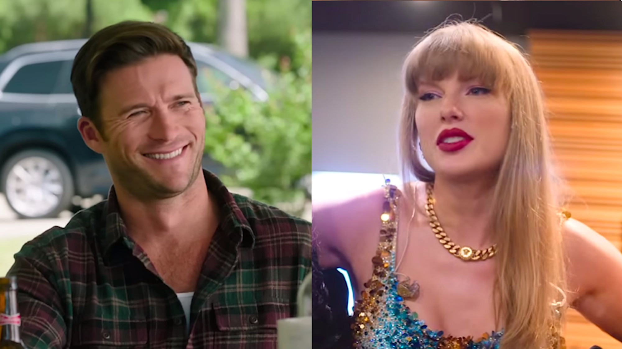 Scott Eastwood in Regretting You/ Taylor Swift in her End of an Era Docuseries wearing her bodysuit to perform in (side by side image)