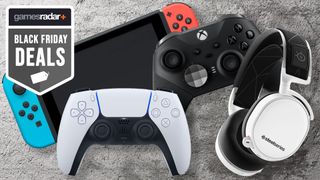 A PS5 DualSense, Nintendo Switch, Xbox Elite Controller 2, and SteelSeries Arctis 7 headset
