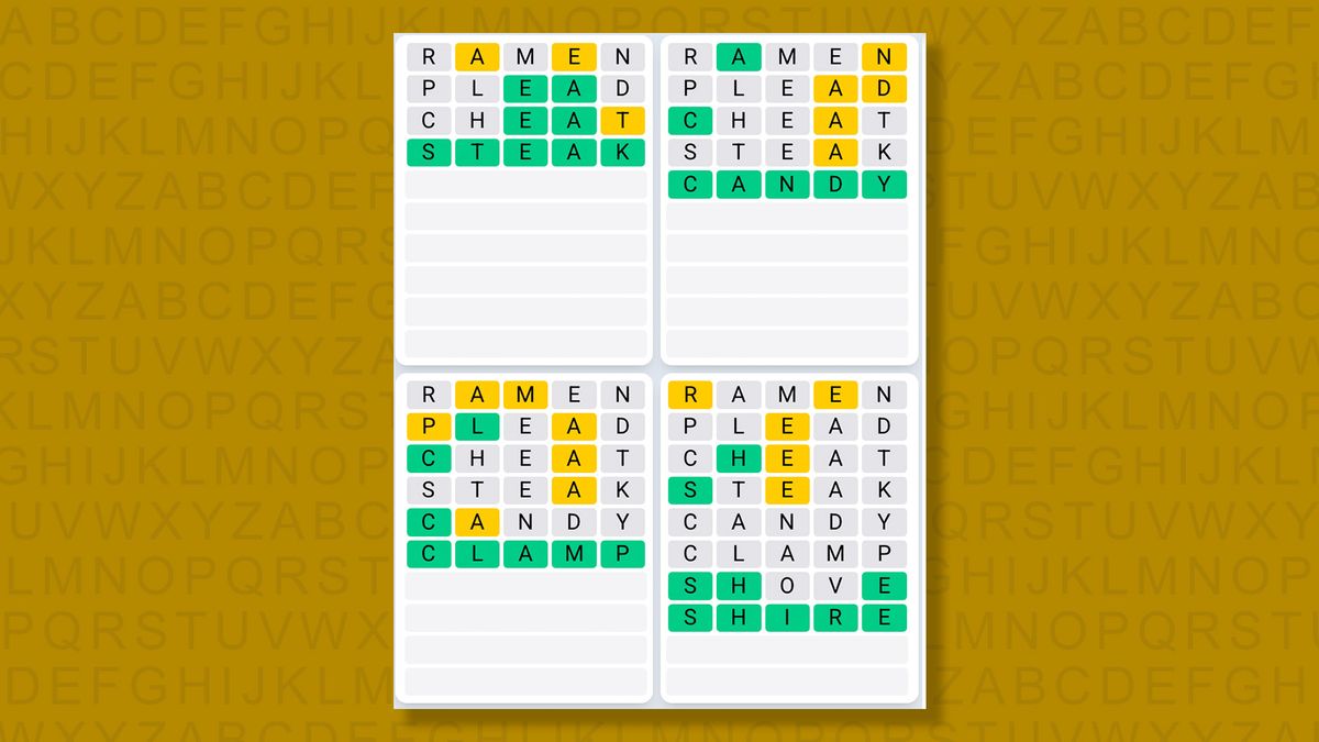 Quordle Daily Sequence answers for game 1575 on a yellow background