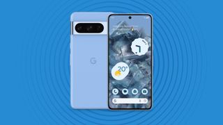 A Google Pixel 8 Pro in blue is laid over a light blue background.
