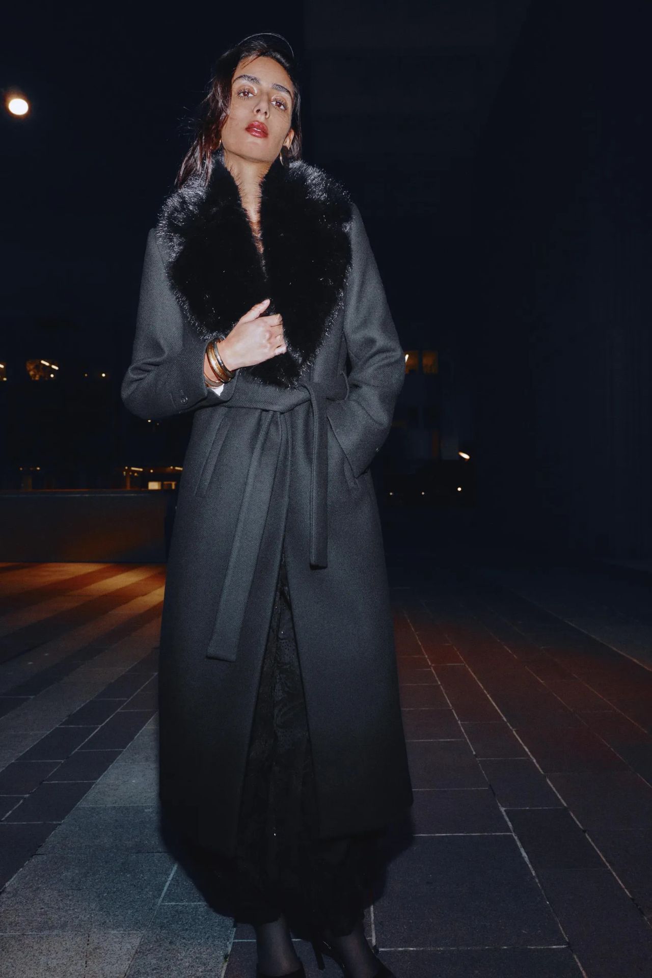 Wool Coat With Faux Fur Collar and Belt