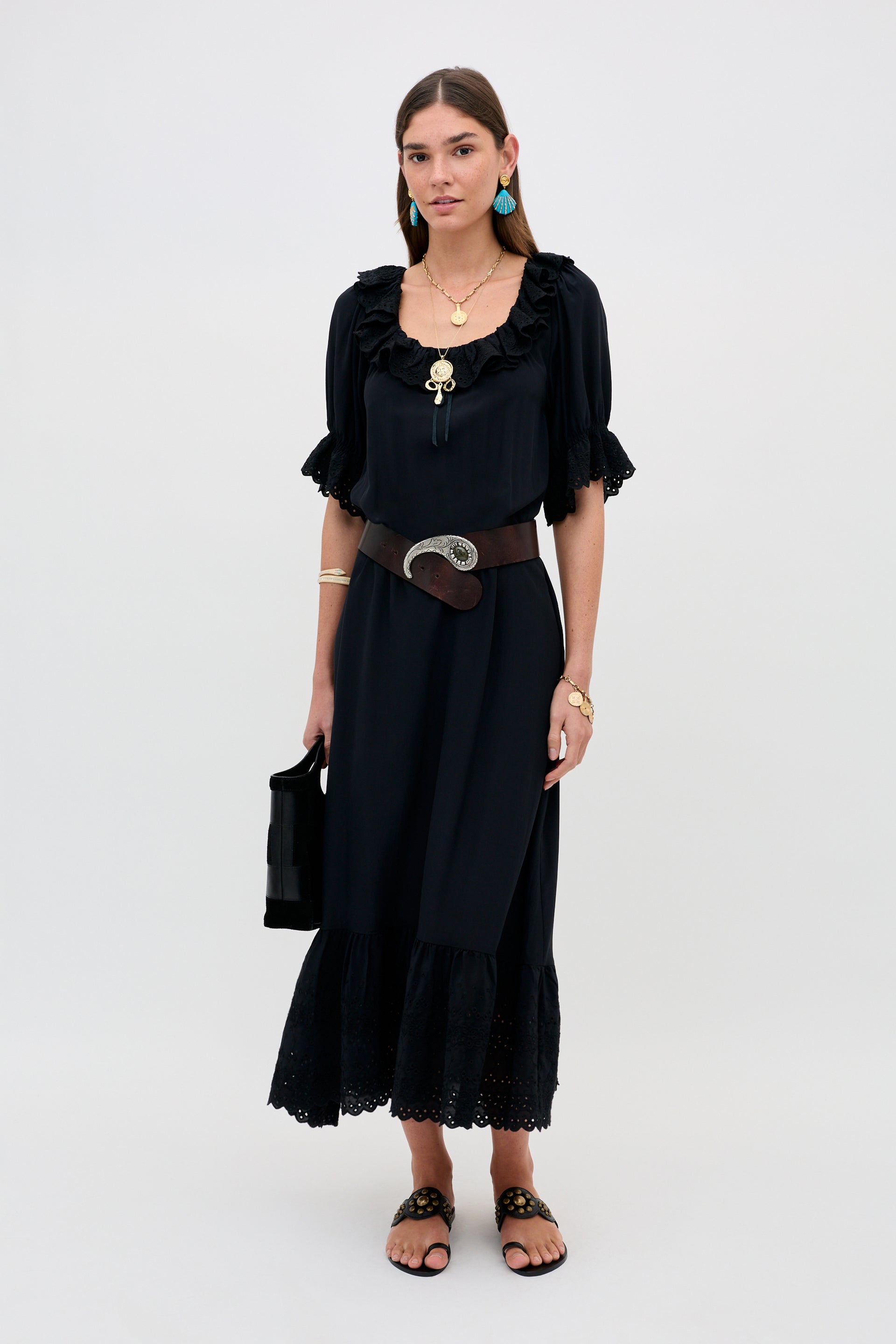 Aprilia Silk Midi Dress in Gracie Embroidery Black