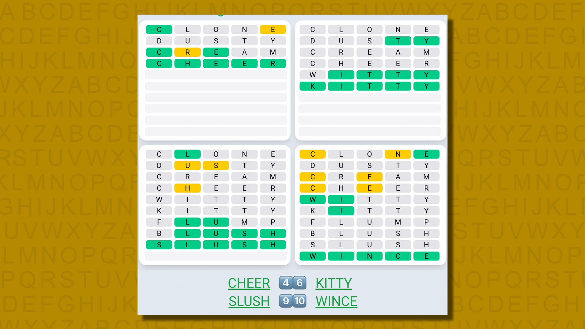 Quordle ежедневные последовательности ответов для игры 571 на желтом фоне