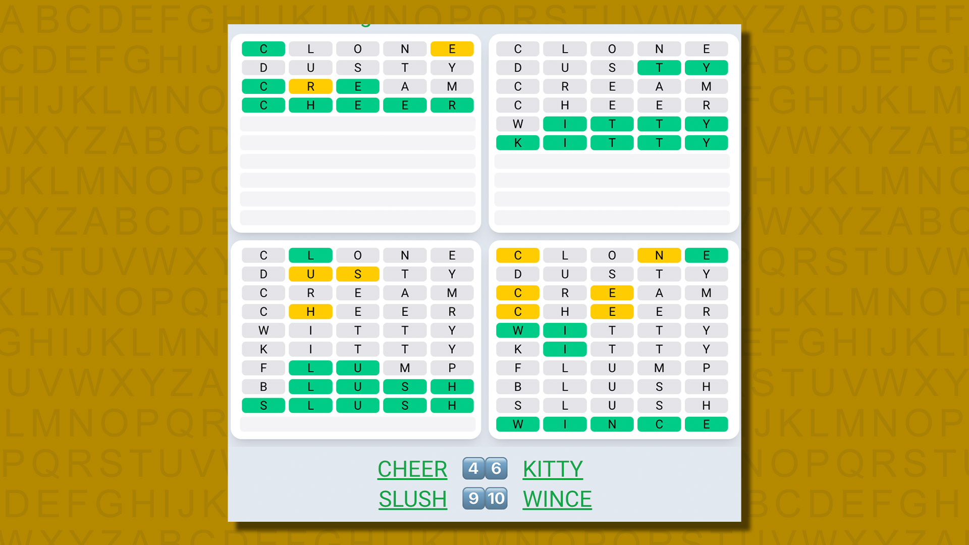 Quordle daily sequence answers for game 571 on a yellow background