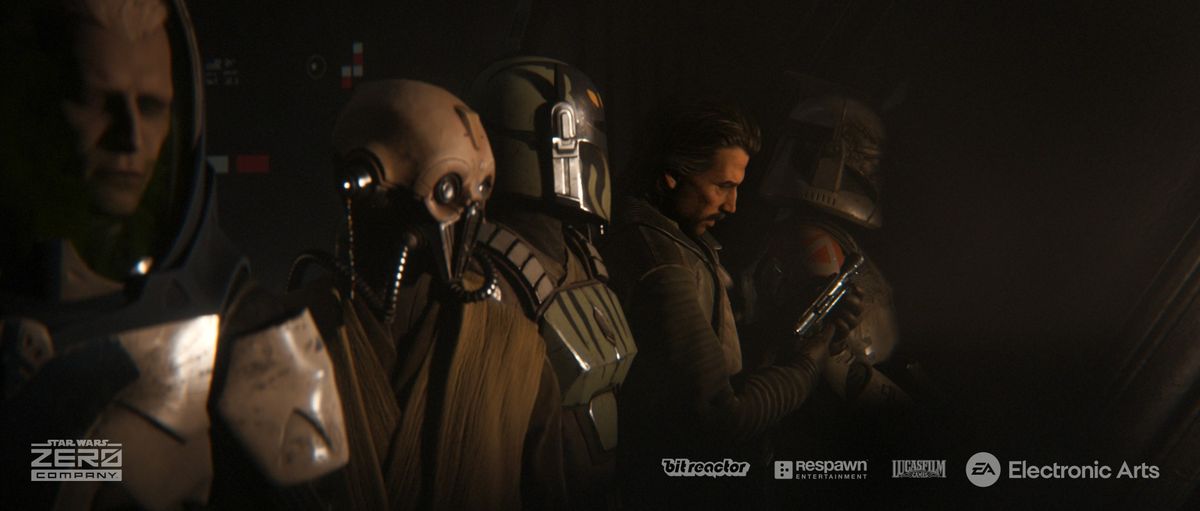 Still from the turn-based tactics video game 'Star Wars: Zero Company'. A group of 5 fighters are standing side-by-side in a line, preparing to enter battle.