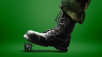 Illustration of a soldier&#039;s boot bearing down on a group of Harris supporters