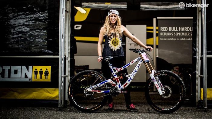 Rachel Atherton proudly displays her custom-painted GT Fury World Cup, her bike for the 2015 World Championships at Vallnord, Andorra