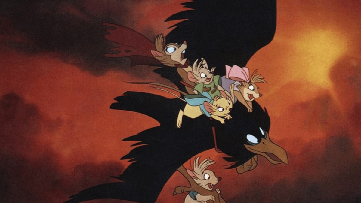 Best cartoons of the 1980s; mice on the back of a crow in an animated movie