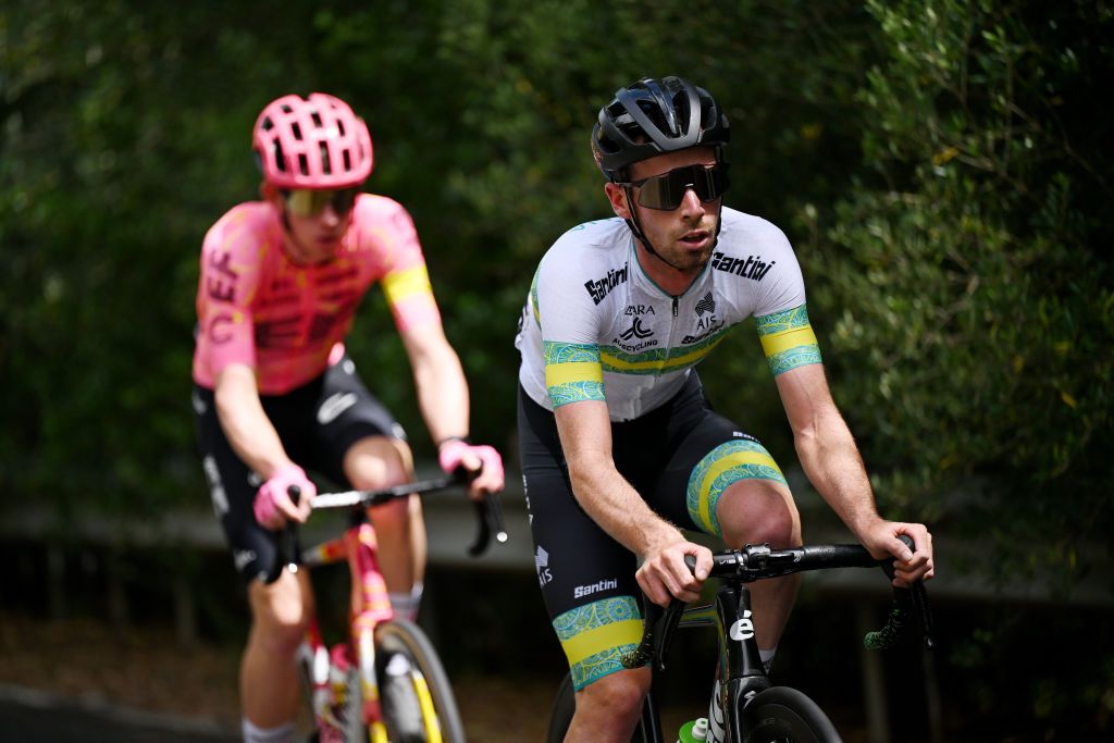 LOBETHAL AUSTRALIA JANUARY 17 LR Jardi Christiaan Van Der Lee of Netherlands and Team EF Education Easypost and Luke Burns of Australia and Australian National Team compete in the breakaway during the 24th Santos Tour Down Under 2024 Stage 2 a 1416km stage from Norwood to Lobethal 413m UCIWT on January 17 2024 in Lobethal Australia Photo by Tim de WaeleGetty Images