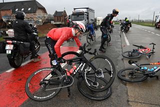 WEVELGEM BELGIUM MARCH 26 Piet Allegaert of Belgium and Team Cofidis after being involved in a crash during the 85th GentWevelgem in Flanders Fields 2023 Mens Elite a 2609km one day race from Ypres to Wevelgem UCIWT on March 26 2023 in Wevelgem Belgium Photo by Tim de WaeleGetty Images