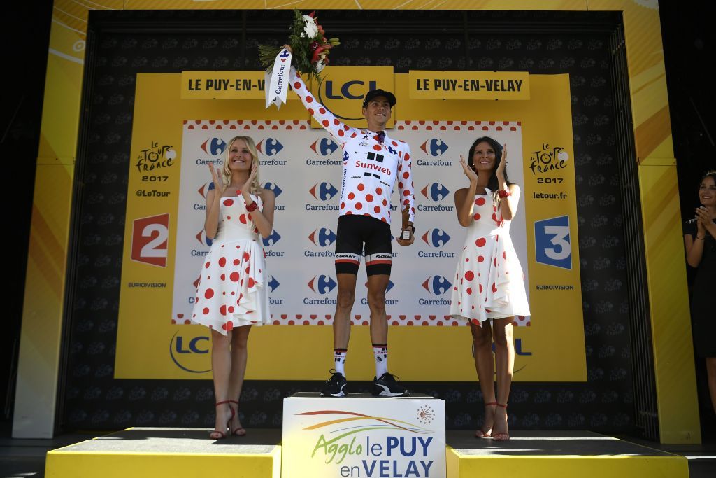 Warren Barguil in the polka dot jersey after stage 15 of the Tour de France