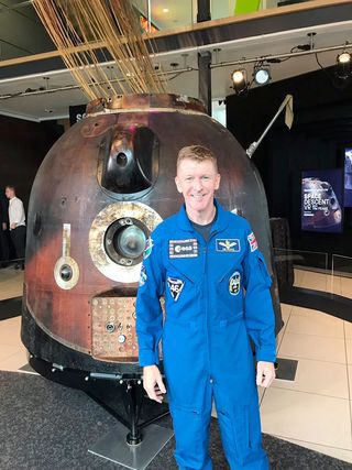 British astronaut Tim Peake with his Soyuz TMA-19M spacecraft at the National Science and Media Museum in Bradford, England, on Tuesday, Sept. 26, 2017.