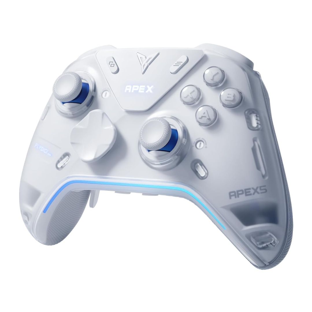 A white Flydigi Apex 5 controller on a white background