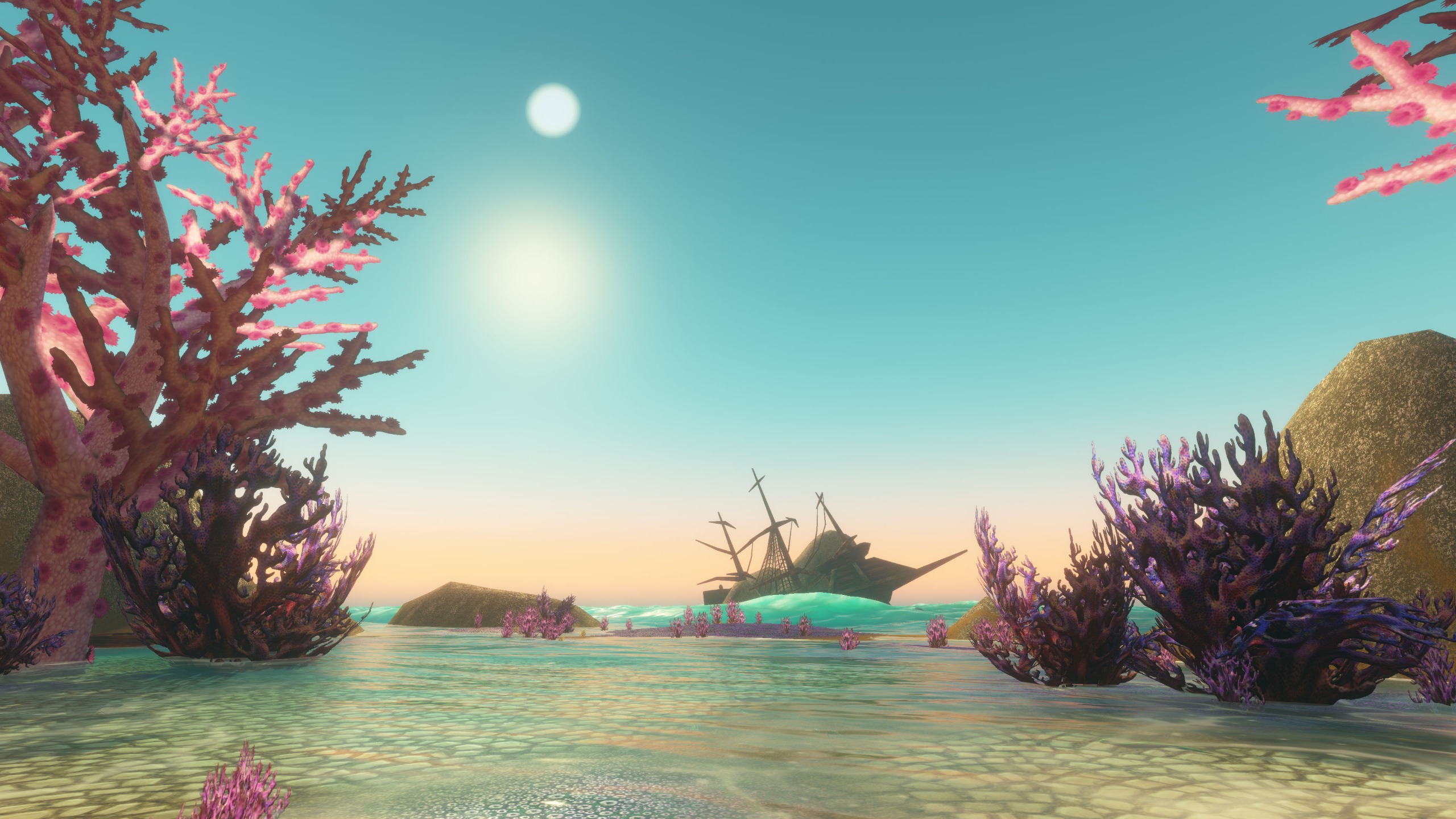 Shallow water and coral in World of Warcraft: Forever, with a shipwreck in the distance