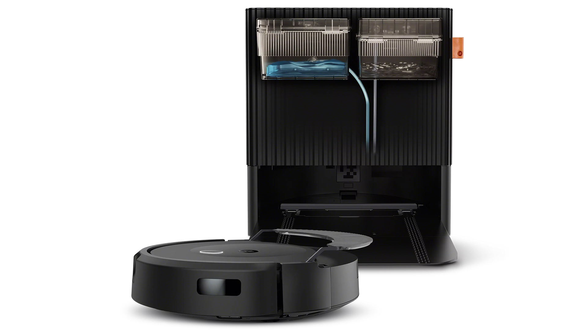 Roomba Combo 10 Max product render, showing robot vacuum and inside of dock