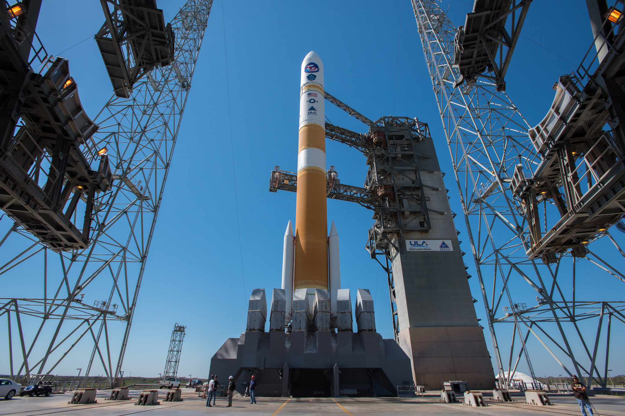 A United Launch Alliance Delta IV medium rocket stands atop the launchpad with the WGS-9 military communications satellite for the U.S. Air Force. A similar rocket will launch the WGS-10 satellite on March 15, 2019.