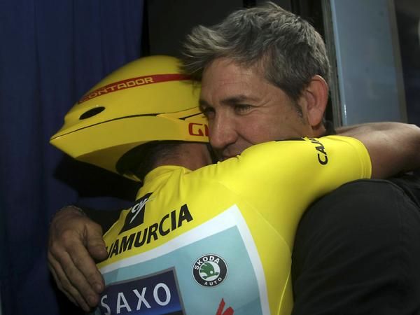 Alberto Contador (Saxo Bank Sungard) celebrates after winning his first race since his doping case.