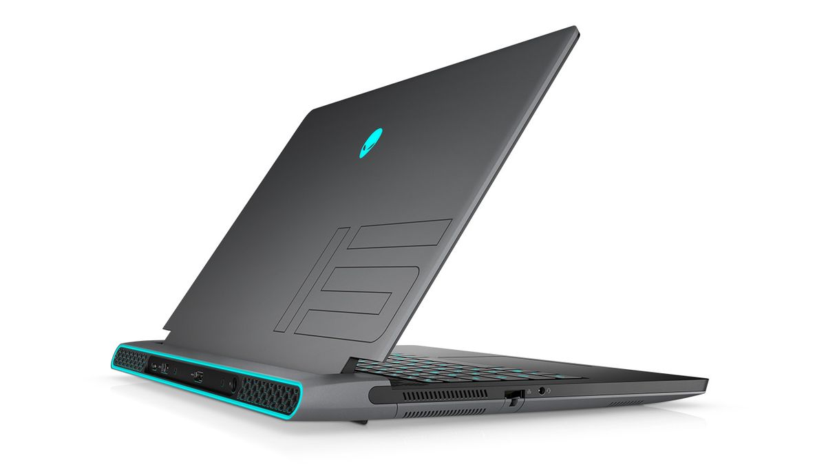 A rear view of an Alienware m15 Ryzen Edition R5 that&amp;#039;s open and angled left