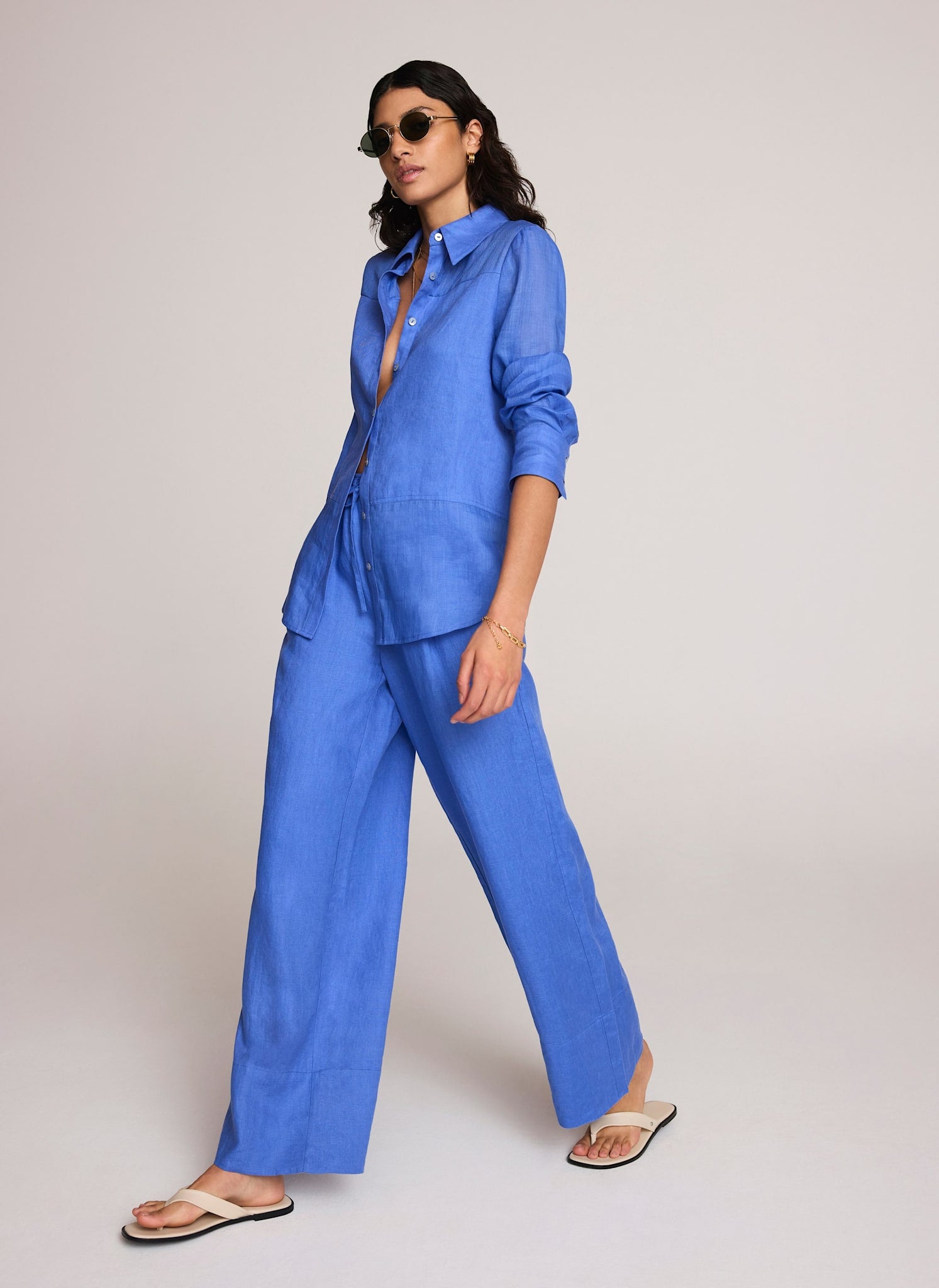 Blue Linen Drawstring Wide Leg Trousers