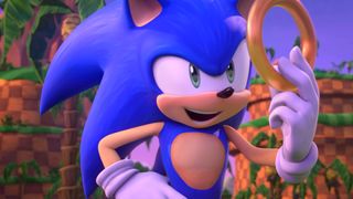 Sonic holding a golden ring in Sonic Prime