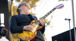 Joe Bonamassa leans back as he takes a solo on a 1959 Gibson Les Paul Standard, in an afternoon show in Carpinteria, California, hosted by One805 to raise money for first responders.