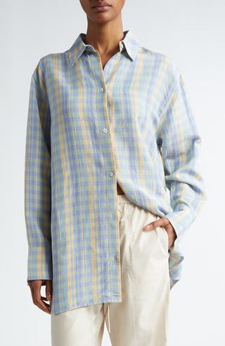 Relaxed Fit Plaid Linen Blend Button-Up Shirt