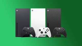 Three Xbox Series X consoles and controllers against a gradient green background.
