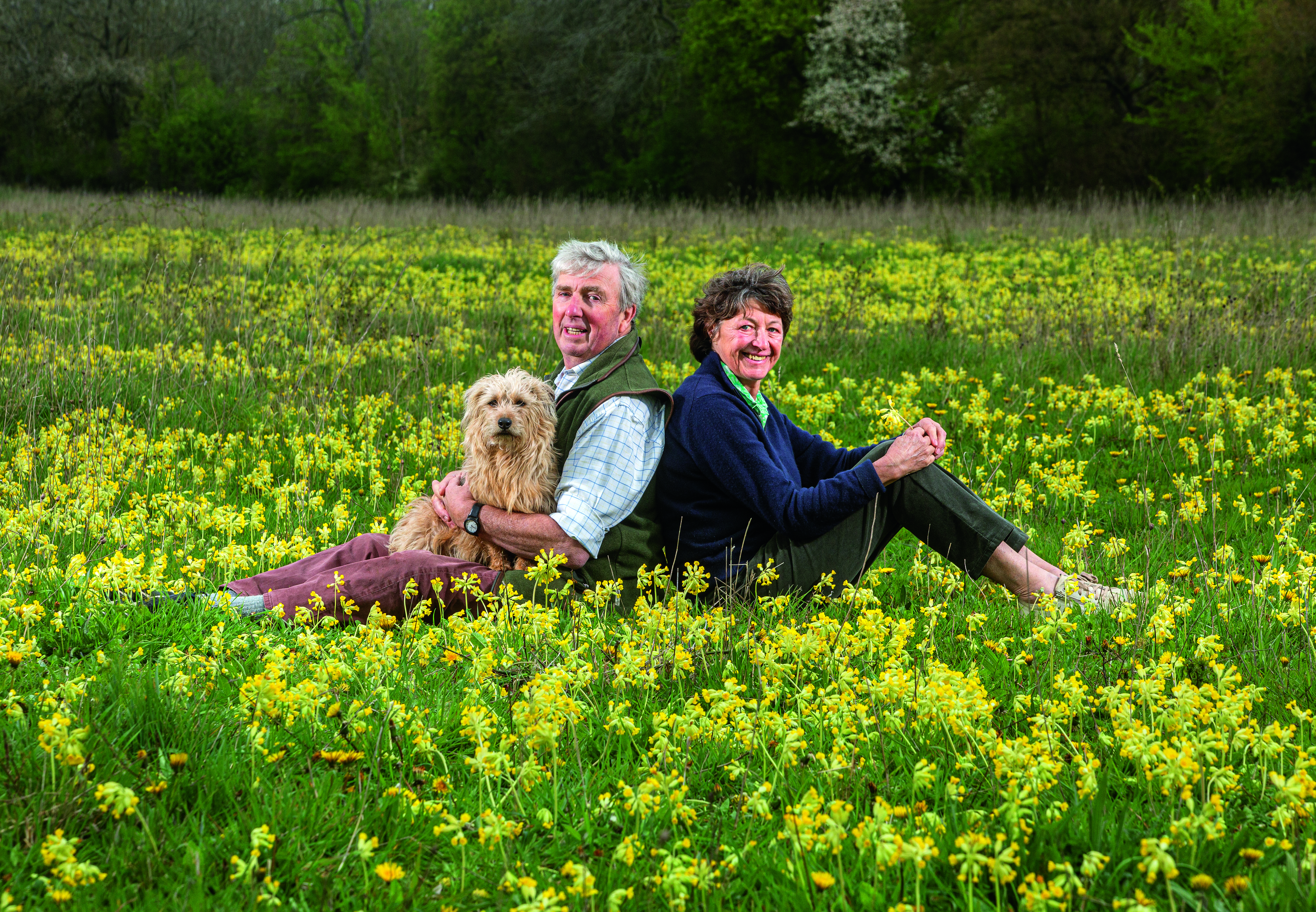 Charles and Chipps Mann with Rover in Hanging Lands cowslip meadow at Oxleaze Farm, Filkins in Gloucestershire