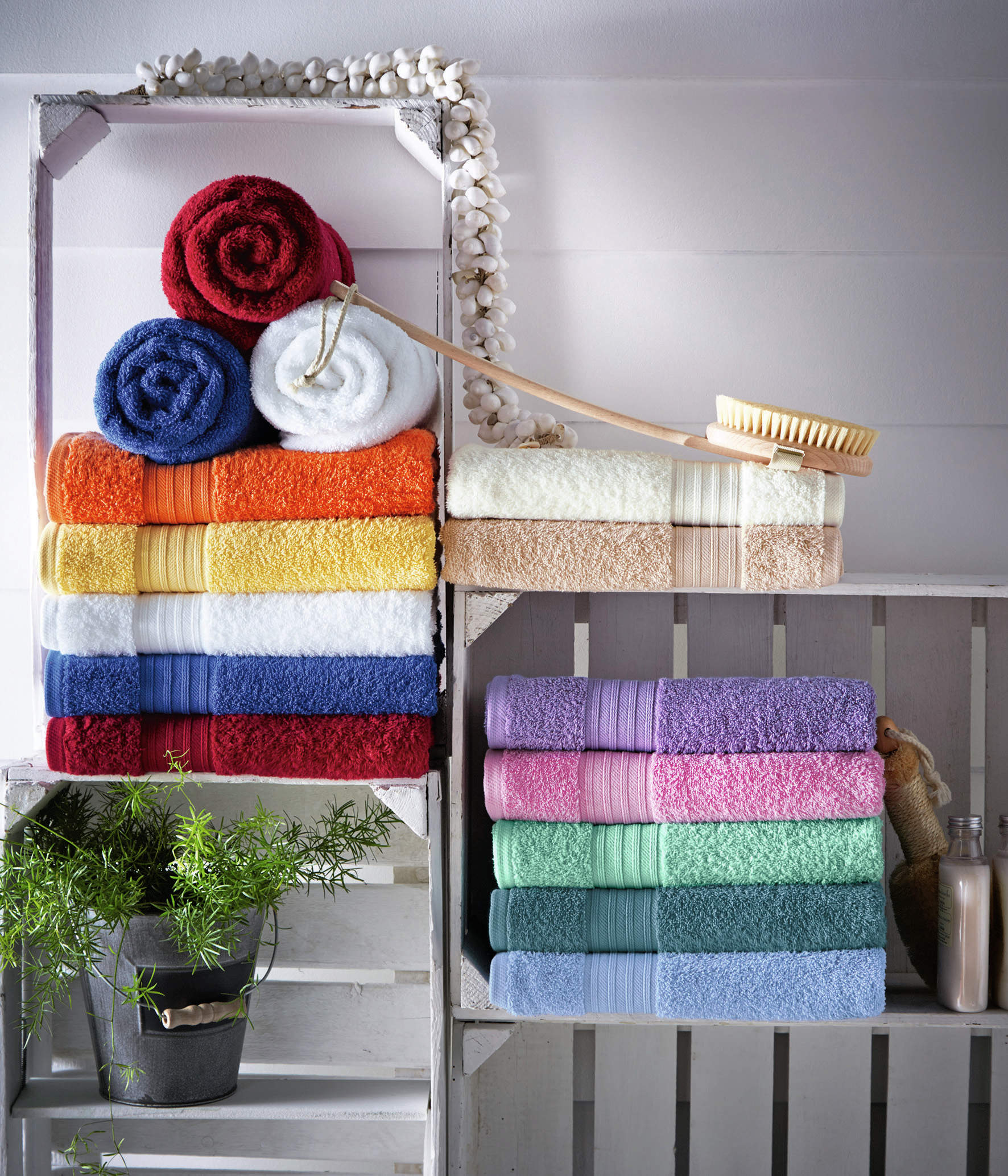 towel storage ideas: fruit crates with Christy towels