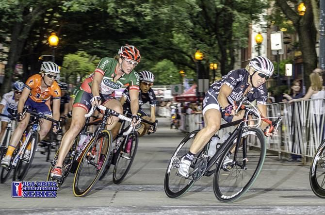 Laura Van Gilder leads the bunch in beautiful tree lined downtown West Chester Pennsylvania on Saturday evening