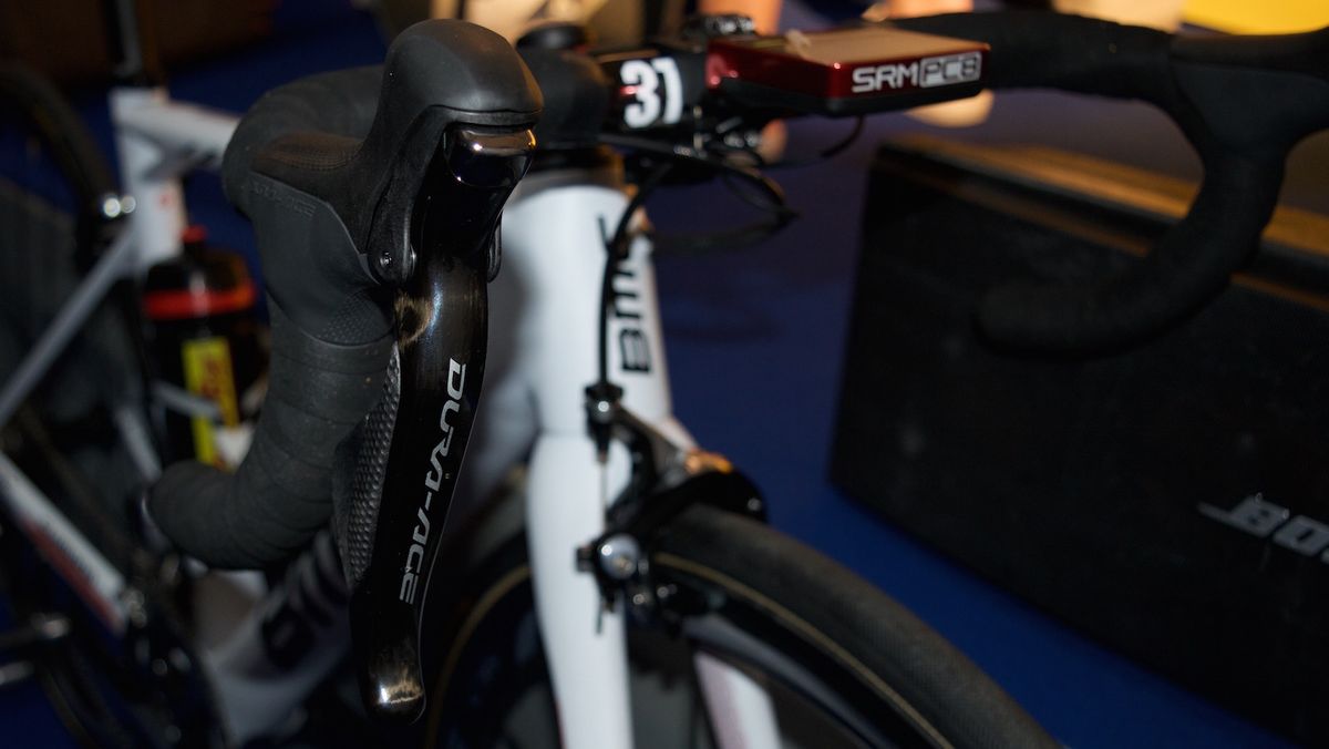 Shimano Dura-Ace provides the shifting and braking.